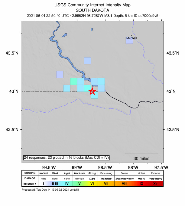 USGS DYFI community-reported intensity map for the M3.1 earthquake near 9 km ENE of Anoka, Nebraska