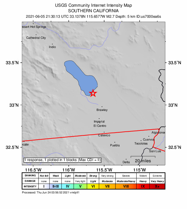 USGS DYFI community-reported intensity map for the M2.8 earthquake near 12km N of Westmorland, CA