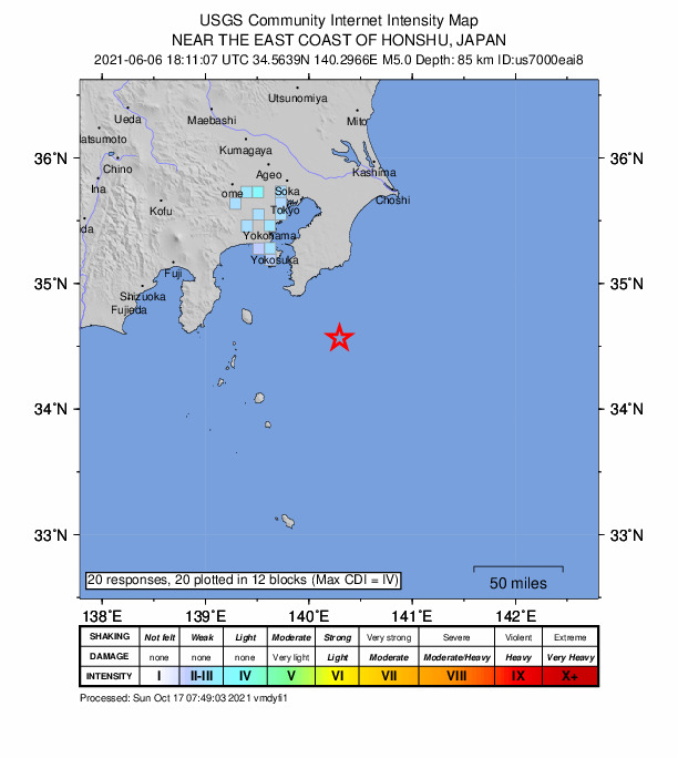 USGS DYFI community-reported intensity map for the M5.0 earthquake near 60 km SE of Tateyama, Japan