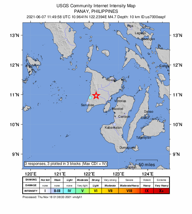 USGS DYFI community-reported intensity map for the M4.7 earthquake near 18 km WSW of Jayubó, Philippines