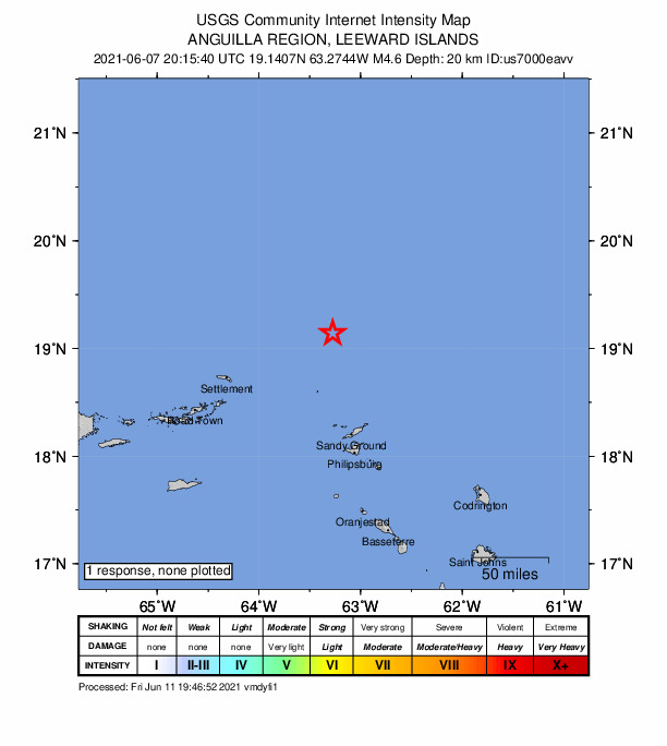 USGS DYFI community-reported intensity map for the M4.6 earthquake near 104 km NNW of The Valley, Anguilla