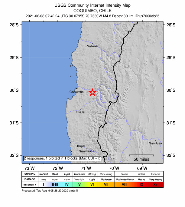 USGS DYFI community-reported intensity map for the M4.8 earthquake near 7 km SW of Vicuña, Chile