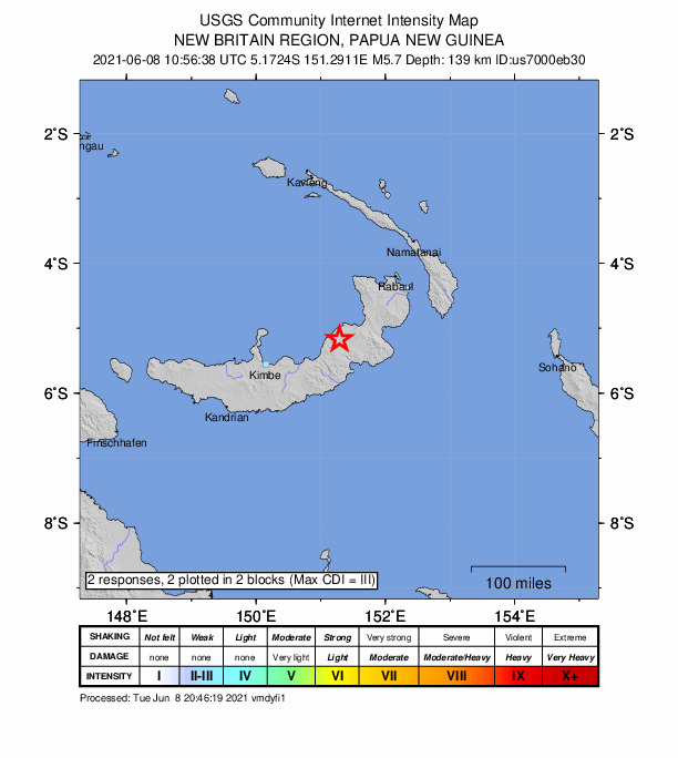 USGS DYFI community-reported intensity map for the M5.7 earthquake near 134 km ENE of Kimbe, Papua New Guinea