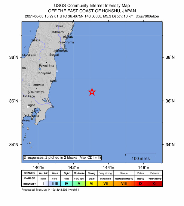 USGS DYFI community-reported intensity map for the M5.3 earthquake near 207 km ESE of Iwaki, Japan