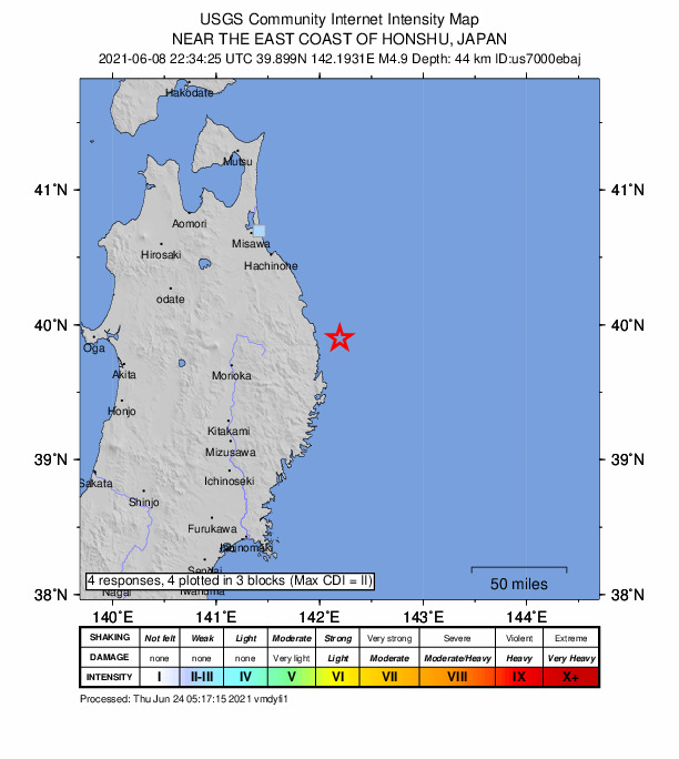 USGS DYFI community-reported intensity map for the M4.9 earthquake near 35 km NE of Miyako, Japan