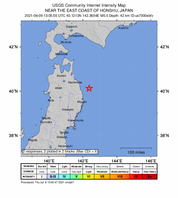 USGS DYFI community-reported intensity map for the M5.0 earthquake near 63 km NE of Miyako, Japan