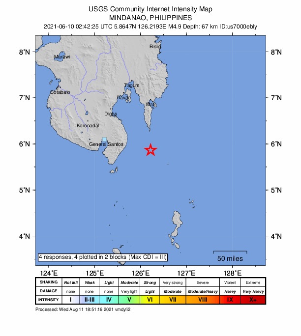 USGS DYFI community-reported intensity map for the M4.9 earthquake near 55 km S of Pondaguitan, Philippines