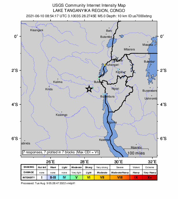 USGS DYFI community-reported intensity map for the M5.0 earthquake near 88 km SW of Kabare, Democratic Republic of the Congo