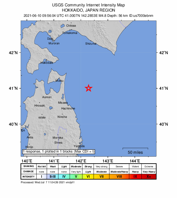 USGS DYFI community-reported intensity map for the M4.8 earthquake near 83 km ENE of Misawa, Japan