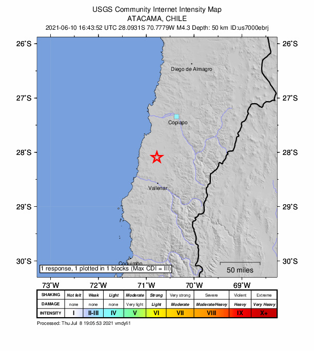 USGS DYFI community-reported intensity map for the M4.3 earthquake near 53 km N of Vallenar, Chile