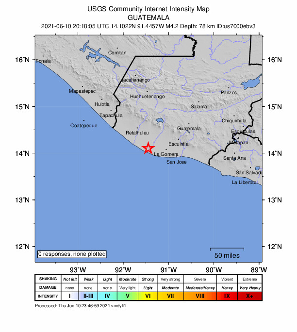 USGS DYFI community-reported intensity map for the M4.2 earthquake near 38 km SW of Nueva Concepción, Guatemala