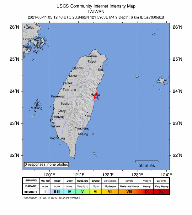 USGS DYFI community-reported intensity map for the M4.9 earthquake near 14 km S of Hualien City, Taiwan