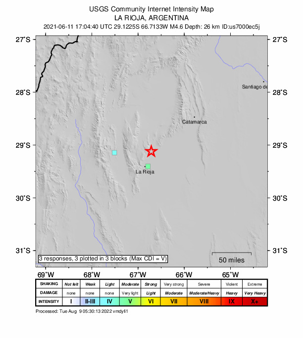USGS DYFI community-reported intensity map for the M4.6 earthquake near 34 km NNE of La Rioja, Argentina
