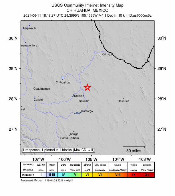USGS DYFI community-reported intensity map for the M3.9 earthquake near 22 km ENE of Jiménez, Mexico