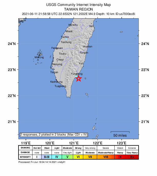 USGS DYFI community-reported intensity map for the M5.0 earthquake near 81 km ENE of Donggang, Taiwan
