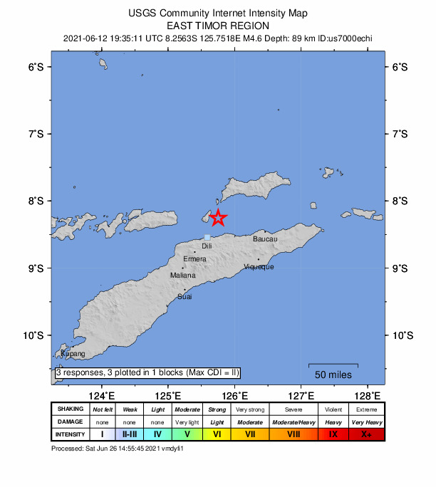 USGS DYFI community-reported intensity map for the M4.6 earthquake near 30 km N of Metinaro, Timor Leste