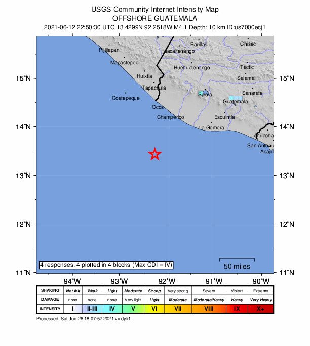 USGS DYFI community-reported intensity map for the M4.1 earthquake near 104 km SSW of Champerico, Guatemala