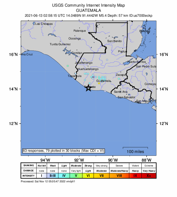 USGS DYFI community-reported intensity map for the M5.4 earthquake near 22 km SW of Nueva Concepción, Guatemala