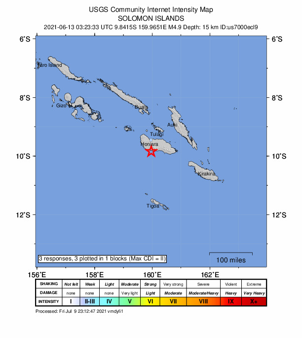USGS DYFI community-reported intensity map for the M4.9 earthquake near 31 km ESE of Malango, Solomon Islands