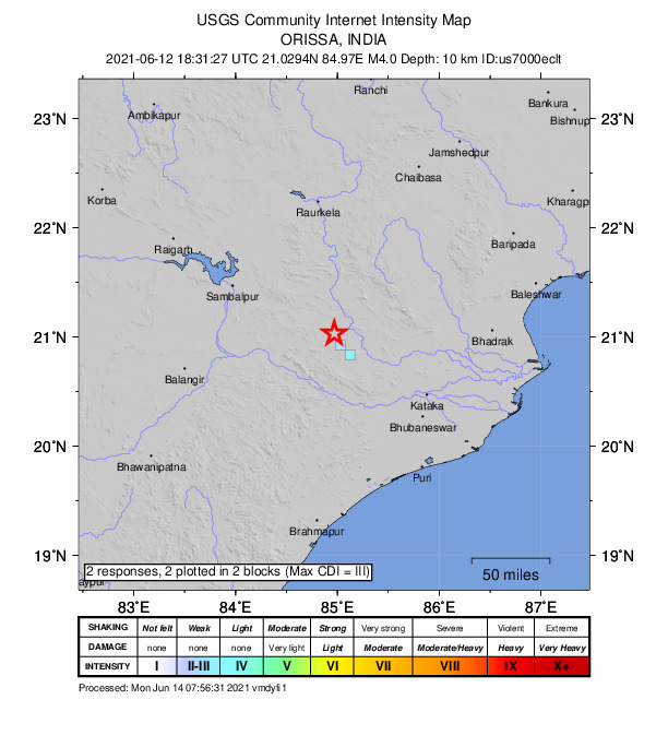 USGS DYFI community-reported intensity map for the M3.9 earthquake near 17 km WNW of T?lcher, India