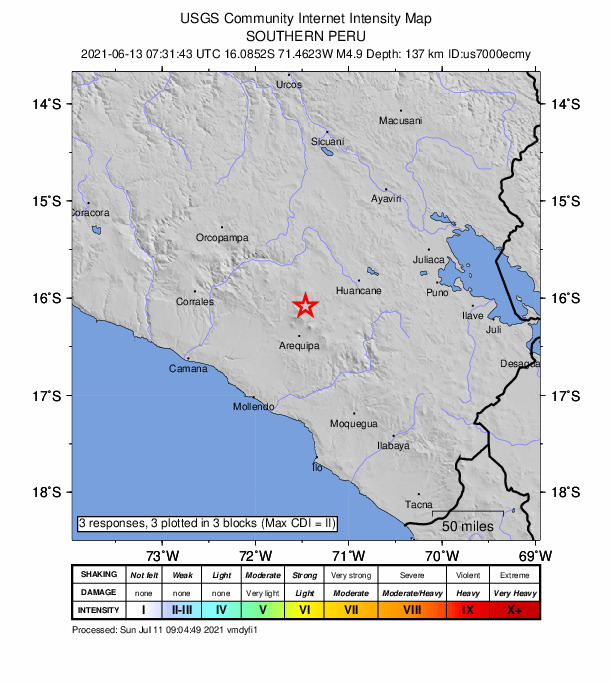 USGS DYFI community-reported intensity map for the M4.9 earthquake near 11 km S of Pucara, Peru