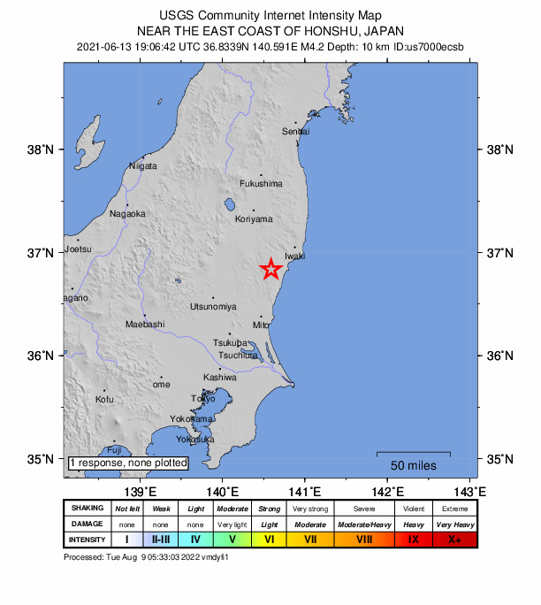 USGS DYFI community-reported intensity map for the M4.2 earthquake near 15 km WNW of Kitaibaraki, Japan
