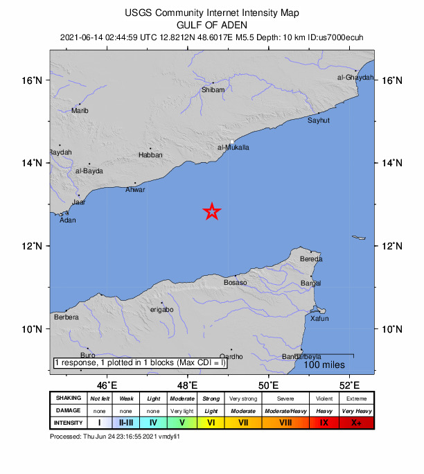 USGS DYFI community-reported intensity map for the M5.5 earthquake near 181 km NNW of Bosaso, Somalia
