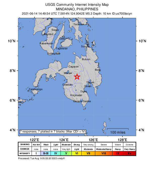 USGS DYFI community-reported intensity map for the M5.3 earthquake near 2 km SSW of Kadingilan, Philippines