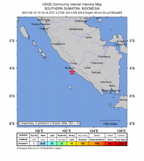 USGS DYFI community-reported intensity map for the M5.2 earthquake near 54 km SSE of Bengkulu, Indonesia