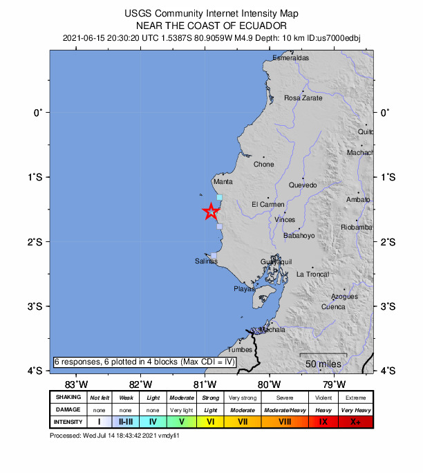 USGS DYFI community-reported intensity map for the M4.9 earthquake near 42 km WSW of Jipijapa, Ecuador