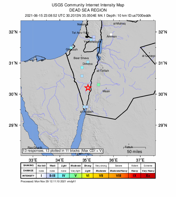 USGS DYFI community-reported intensity map for the M4.1 earthquake near 40 km W of A? ?ayyibah, Jordan