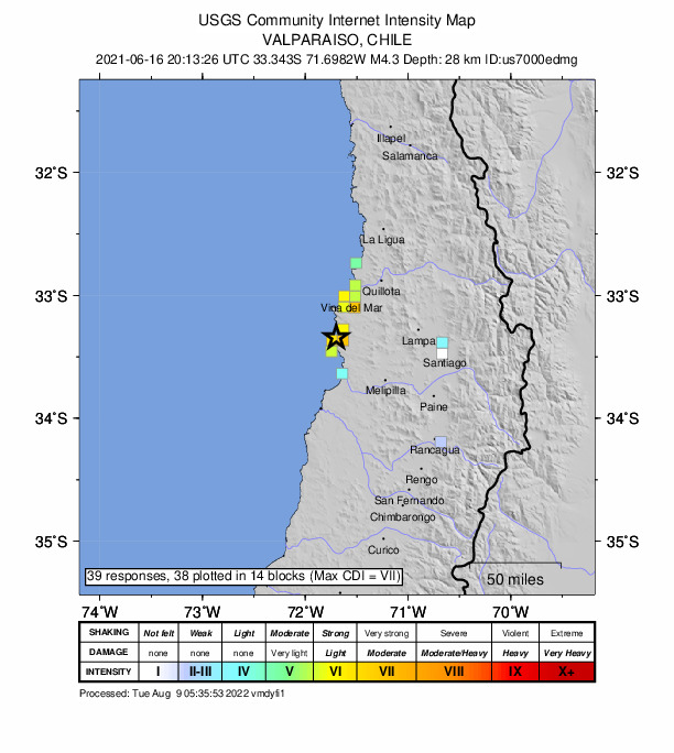 USGS DYFI community-reported intensity map for the M4.3 earthquake near 24 km NNW of Cartagena, Chile