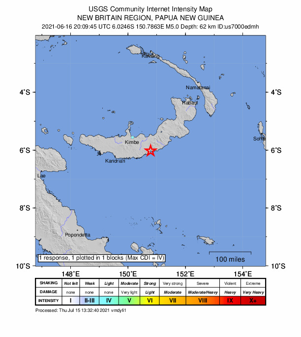 USGS DYFI community-reported intensity map for the M5.0 earthquake near 88 km SE of Kimbe, Papua New Guinea