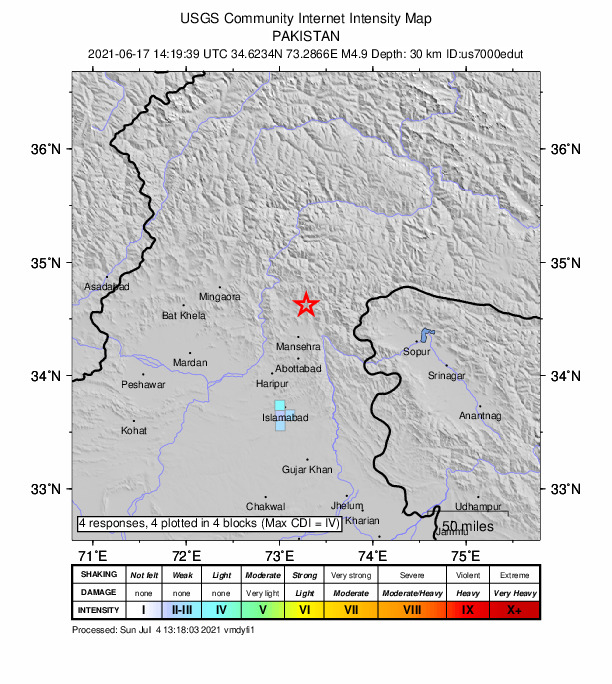 USGS DYFI community-reported intensity map for the M5.0 earthquake near 17 km ENE of Battagram, Pakistan