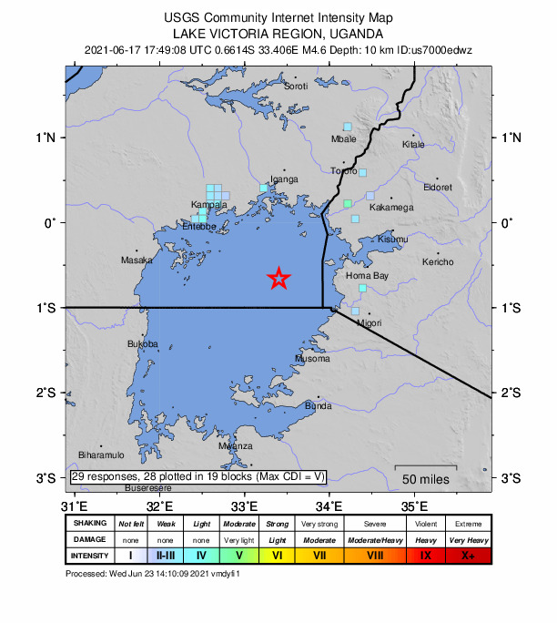 USGS DYFI community-reported intensity map for the M4.6 earthquake near 102 km NNW of Musoma, Tanzania