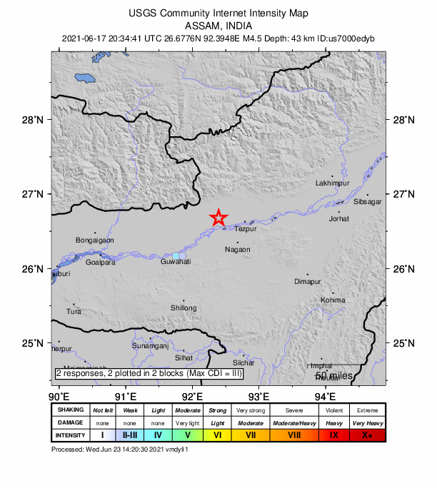 USGS DYFI community-reported intensity map for the M4.5 earthquake near 8 km WSW of Dhekiajuli, India