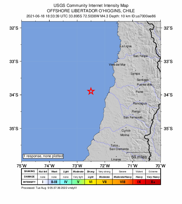 USGS DYFI community-reported intensity map for the M4.3 earthquake near 89 km WSW of San Antonio, Chile