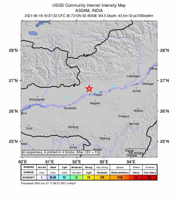 USGS DYFI community-reported intensity map for the M4.5 earthquake near 4 km NNW of Dhekiajuli, India