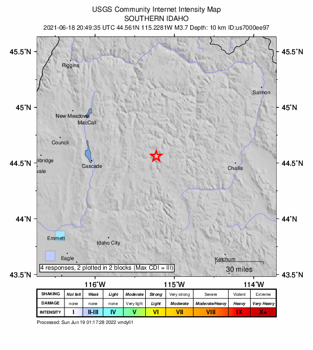 USGS DYFI community-reported intensity map for the M3.7 earthquake near 44 km NNW of Stanley, Idaho