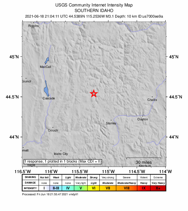 USGS DYFI community-reported intensity map for the M3.1 earthquake near 43 km NW of Stanley, Idaho