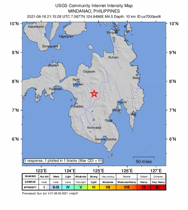 USGS DYFI community-reported intensity map for the M4.5 earthquake near 5 km SE of Osias, Philippines