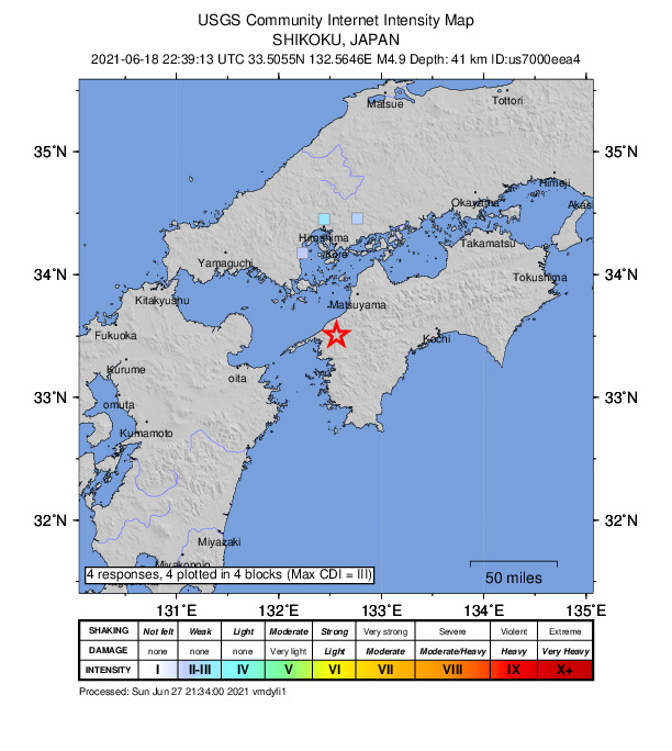 USGS DYFI community-reported intensity map for the M4.9 earthquake near 1 km ENE of ?zu, Japan
