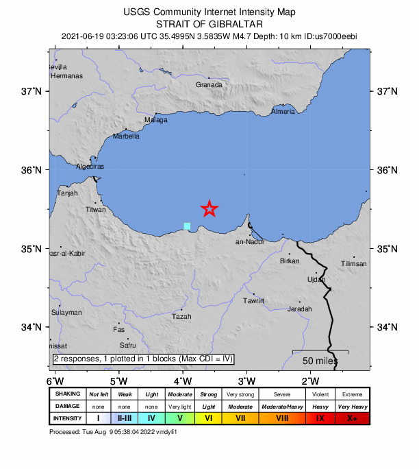 USGS DYFI community-reported intensity map for the M4.7 earthquake near 42 km NE of Al Hoceïma, Morocco