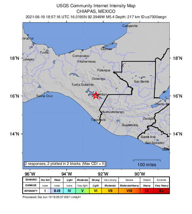 USGS DYFI community-reported intensity map for the M5.4 earthquake near 11 km NE of Rizo de Oro, Mexico