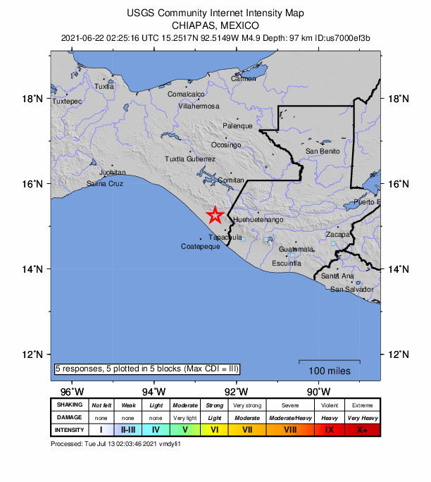 USGS DYFI community-reported intensity map for the M4.9 earthquake near 3 km ENE of Villa Comaltitlán, Mexico