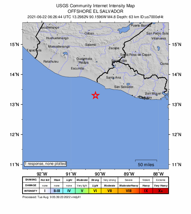 USGS DYFI community-reported intensity map for the M4.8 earthquake near 48 km SW of Acajutla, El Salvador