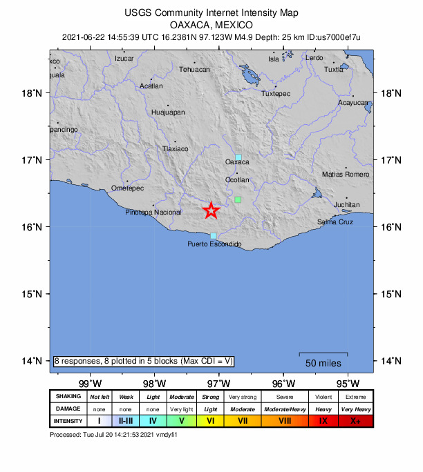 USGS DYFI community-reported intensity map for the M4.9 earthquake near 9 km N of San Juan Lachao, Mexico