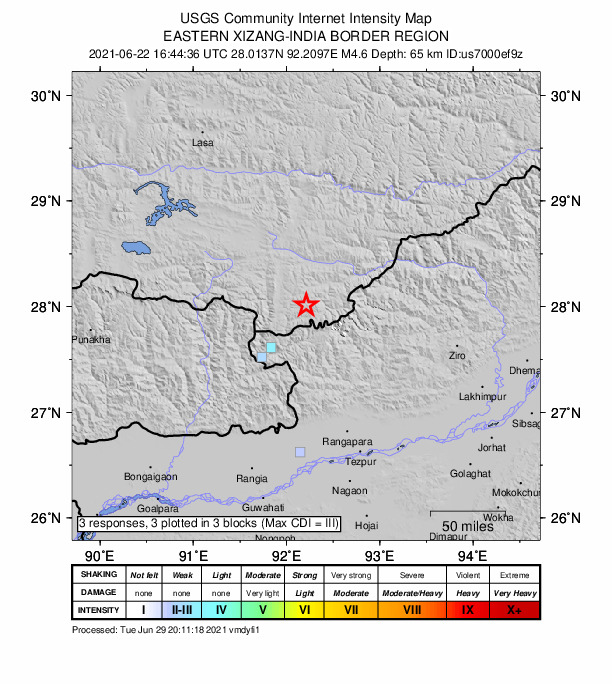 USGS DYFI community-reported intensity map for the M4.6 earthquake near 56 km NNE of Tawang, India