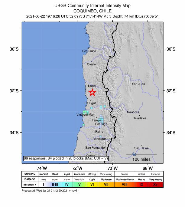 USGS DYFI community-reported intensity map for the M4.9 earthquake near 39 km SSW of Salamanca, Chile