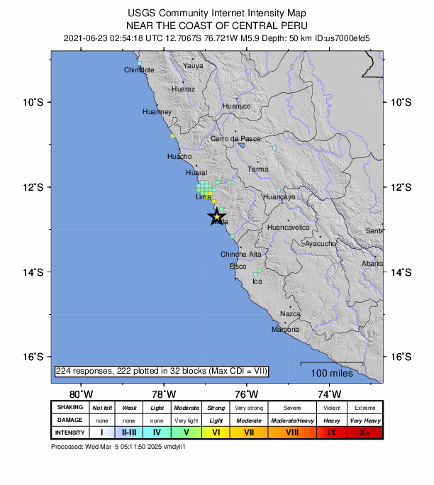 USGS DYFI community-reported intensity map for the M5.9 earthquake near 11 km WSW of Mala, Peru